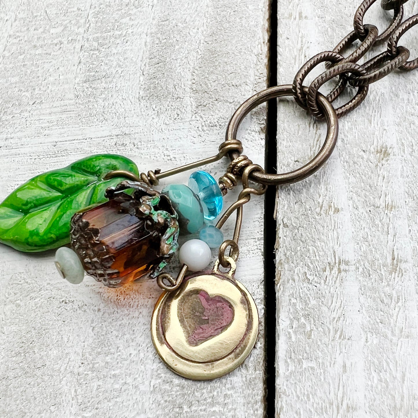 Amber Fairy Lantern Trinket Necklace: Hand-sculpted Polymer Clay Glazed Charm + Beaded Charms + 18" Chain