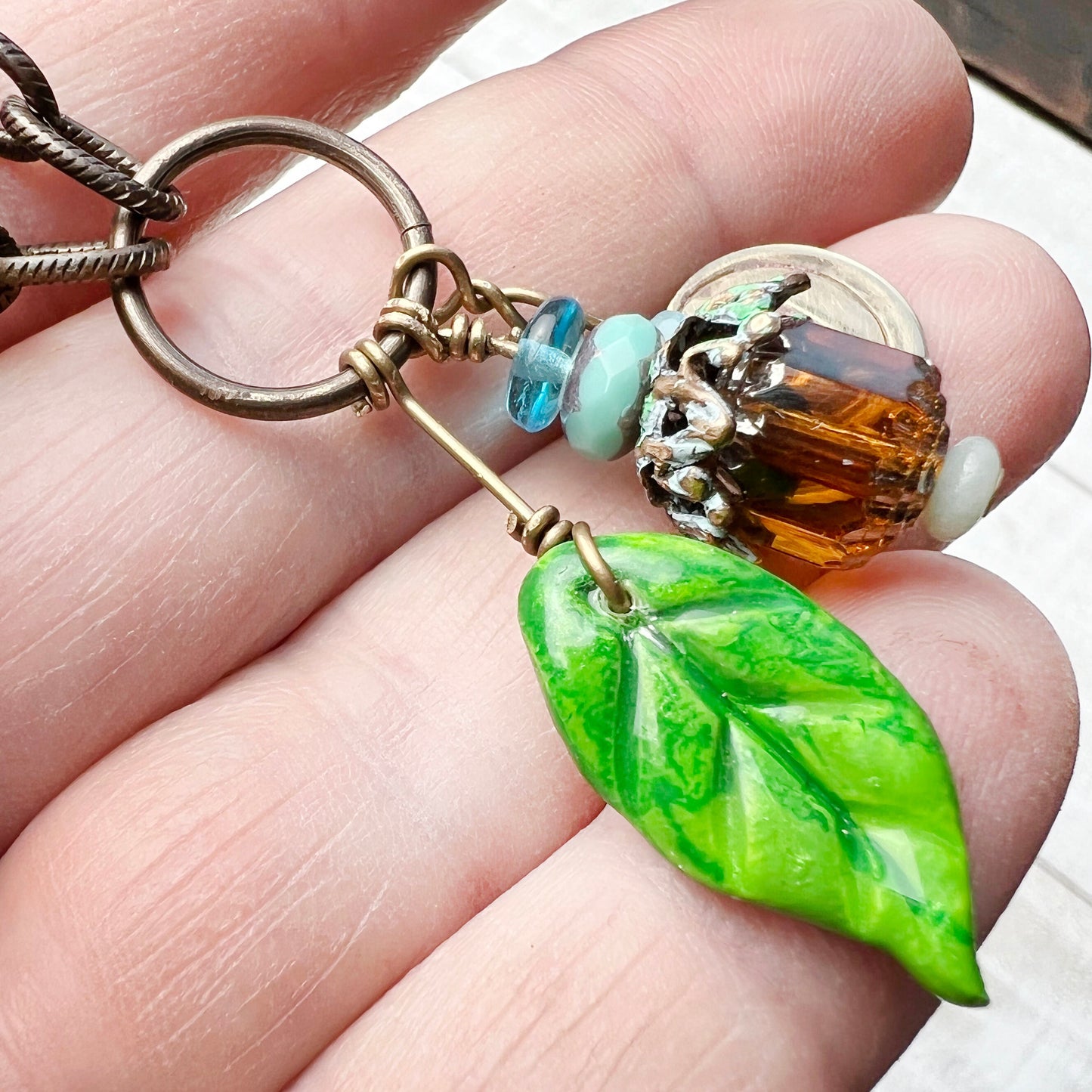 Amber Fairy Lantern Trinket Necklace: Hand-sculpted Polymer Clay Glazed Charm + Beaded Charms + 18" Chain