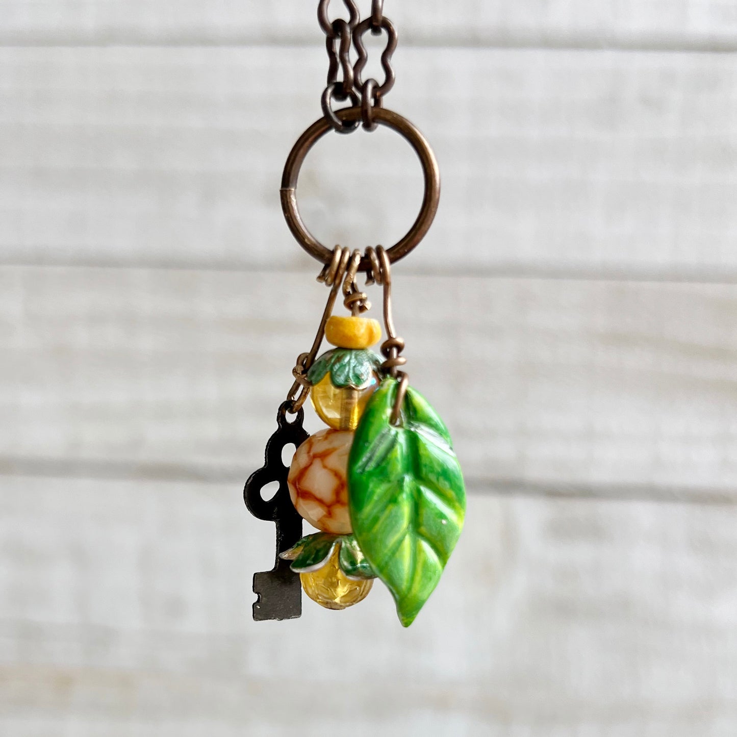 Golden Fairy Lantern Trinket Necklace: Hand-sculpted Polymer Clay Glazed Charm + Beaded Charms + 20" Chain