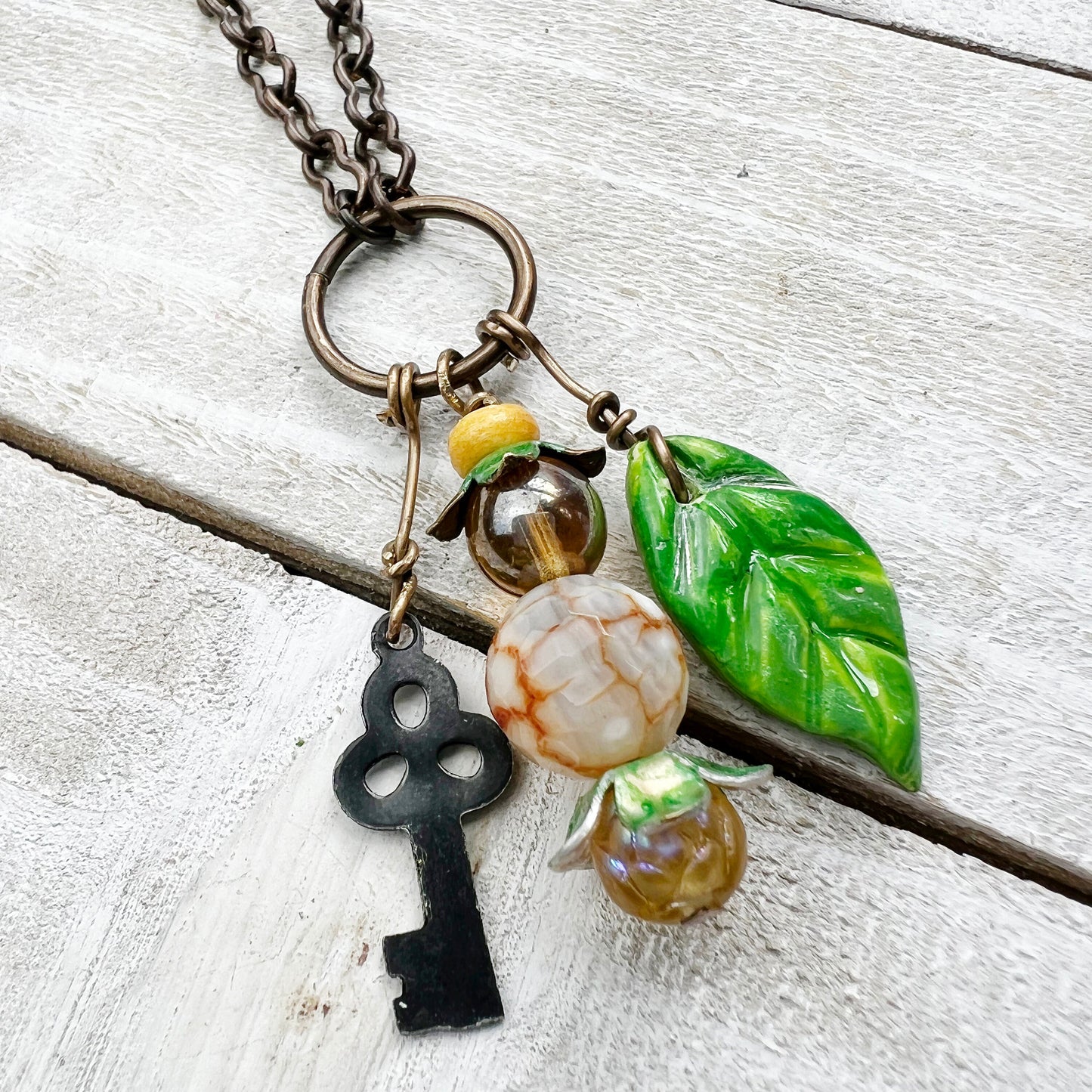 Golden Fairy Lantern Trinket Necklace: Hand-sculpted Polymer Clay Glazed Charm + Beaded Charms + 20" Chain