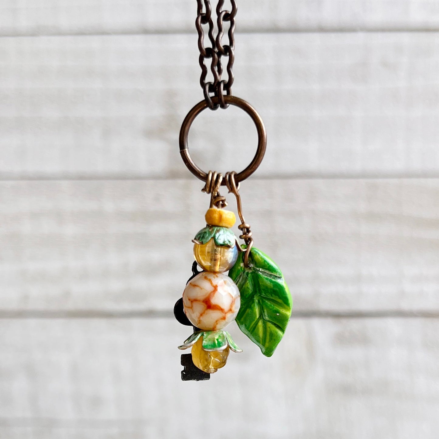 Golden Fairy Lantern Trinket Necklace: Hand-sculpted Polymer Clay Glazed Charm + Beaded Charms + 20" Chain