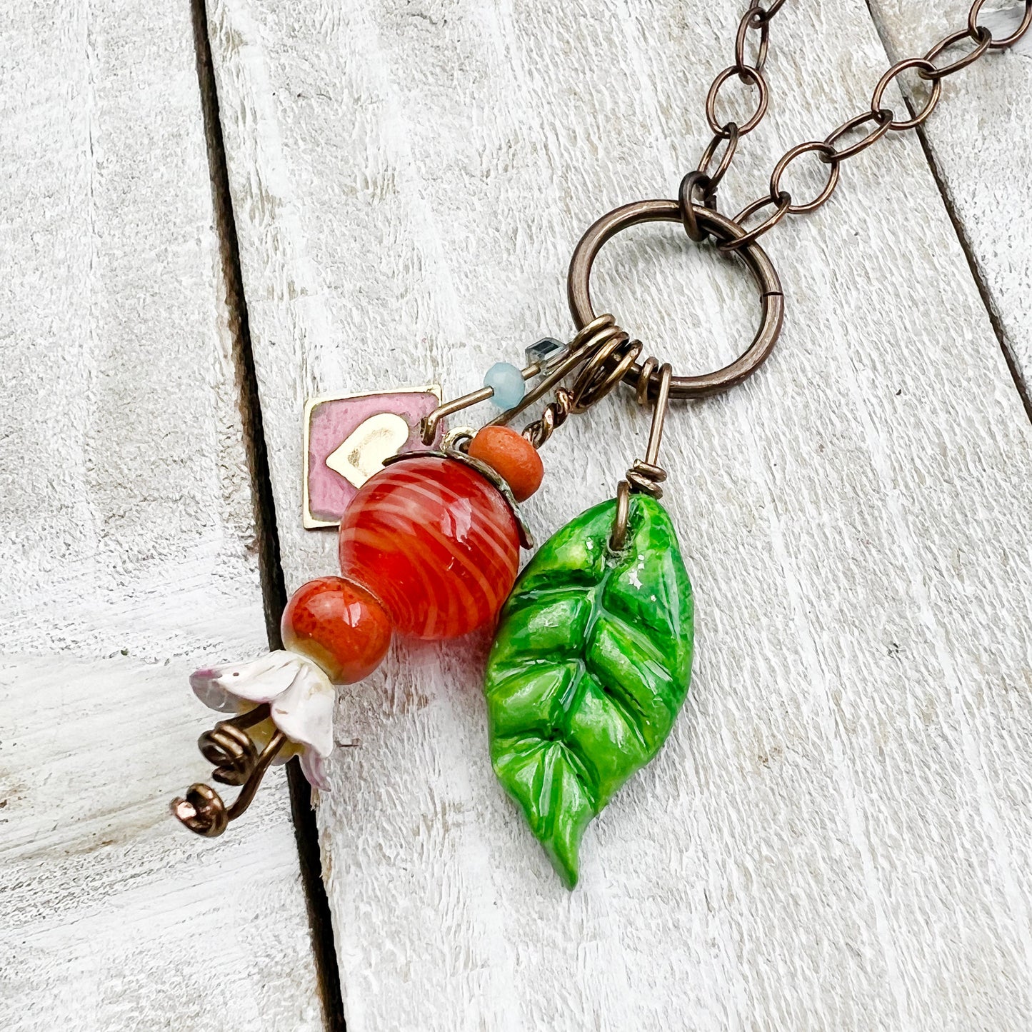 Clementine Fairy Lantern Trinket Necklace: Hand-sculpted Polymer Clay Glazed Charm + Beaded Charms + 22" Chain