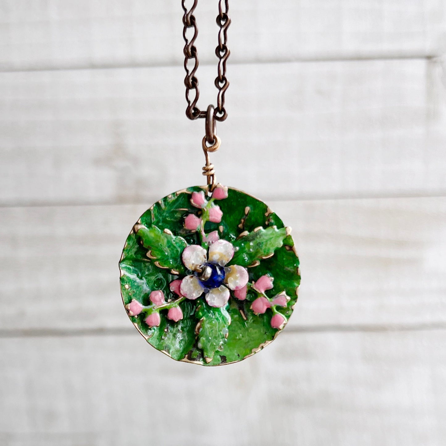 Pink Water Lilies Necklace: Hand-painted Glazed Embossed Domed Metal Charm + 19" Chain