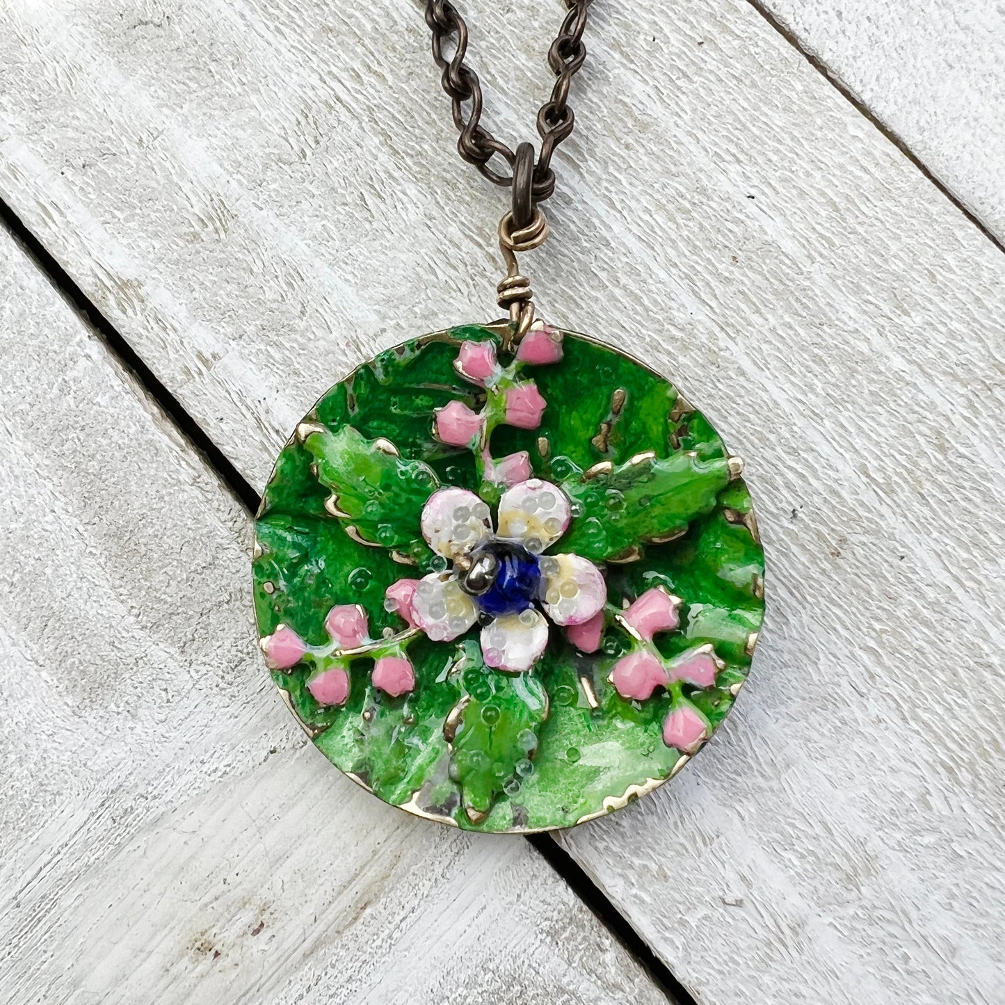 Pink Water Lilies Necklace: Hand-painted Glazed Embossed Domed Metal Charm + 19" Chain