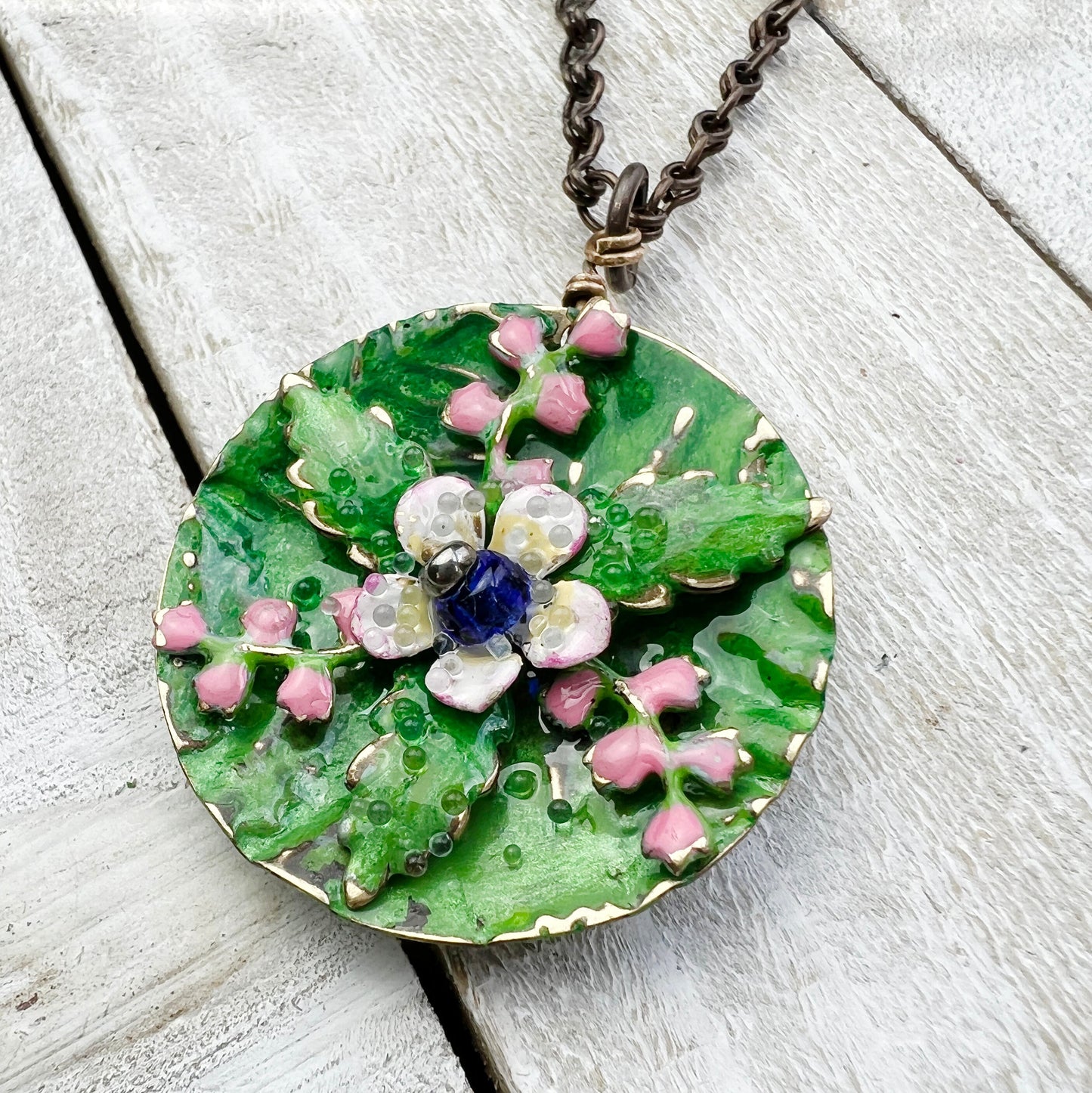 Pink Water Lilies Necklace: Hand-painted Glazed Embossed Domed Metal Charm + 19" Chain