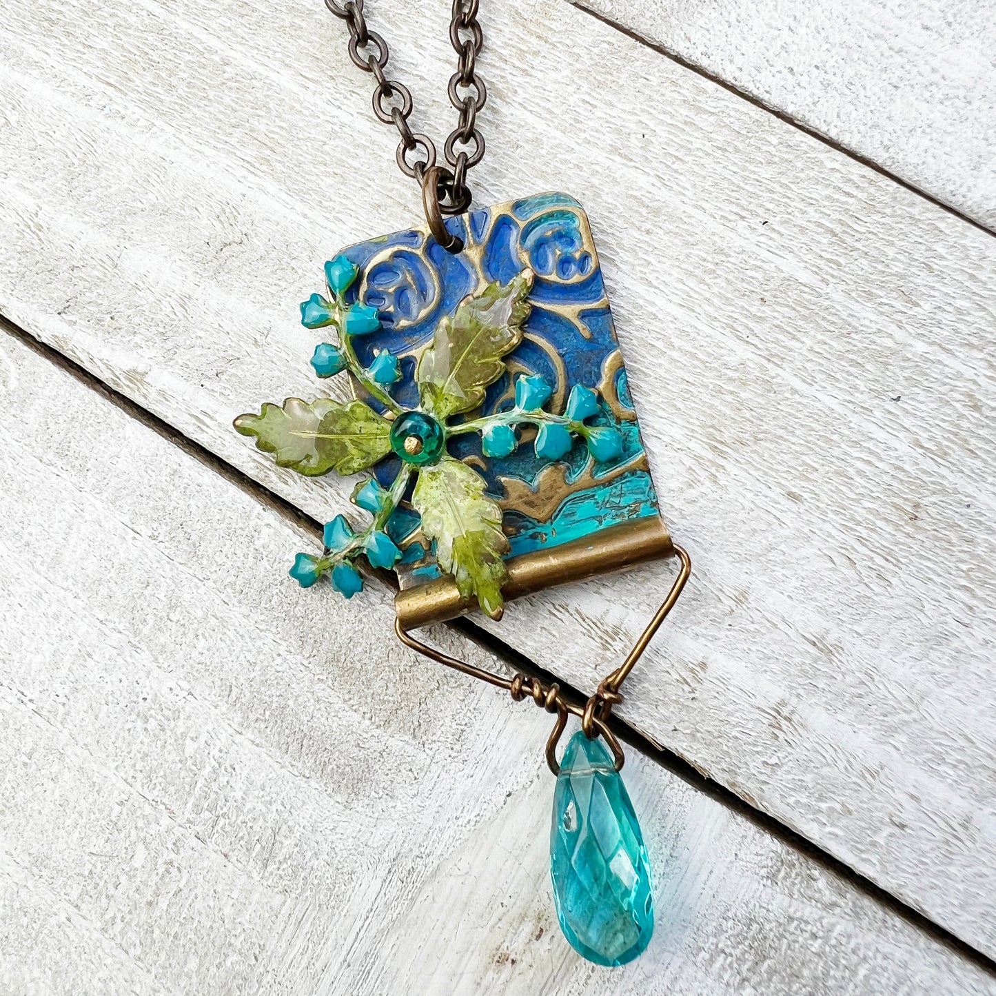 Bluebell Daydream Necklace: Hand-painted Glazed Embossed Domed Metal Charm + 18" Chain