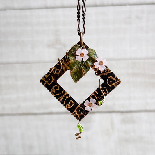 Entwined Necklace: Hand-painted Embossed Metal Charm + 18" Chain