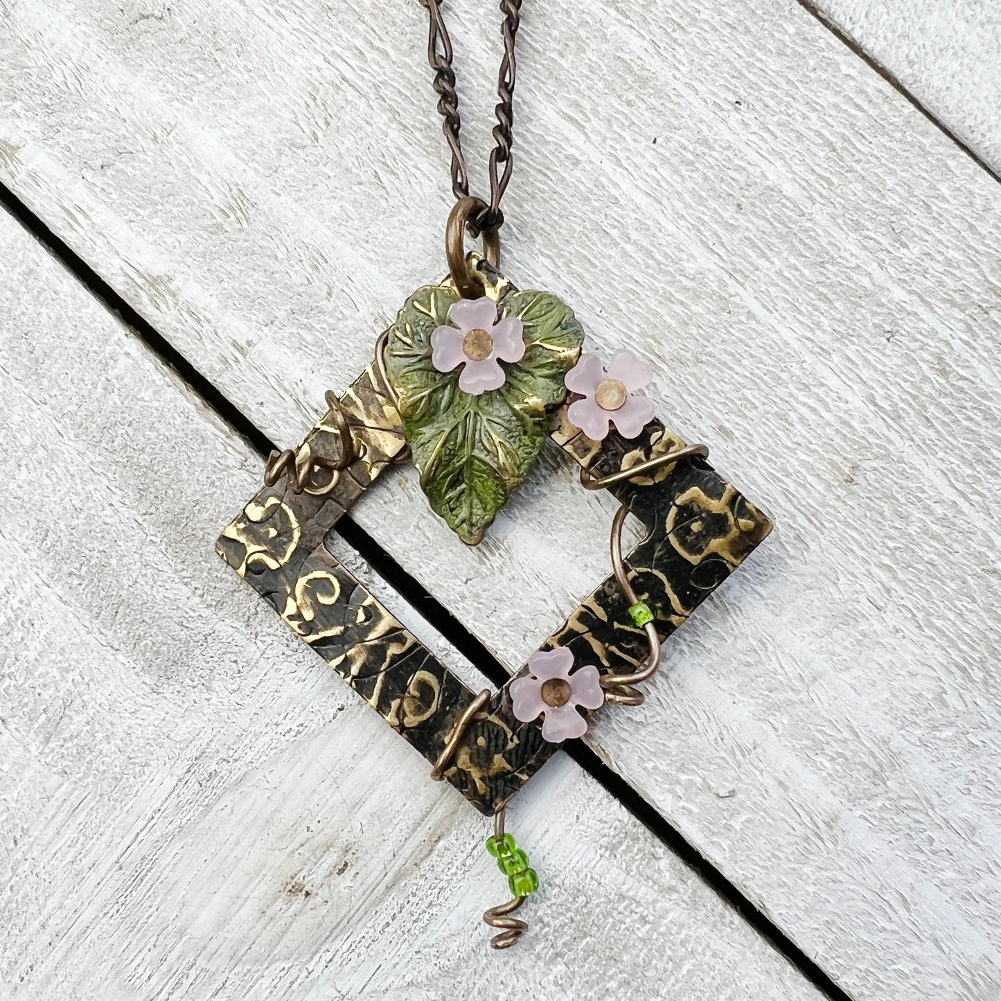 Entwined Necklace: Hand-painted Embossed Metal Charm + 18" Chain