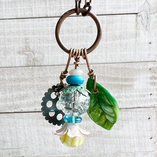 Blue Crackle Fairy Lantern Trinket Necklace: Hand-sculpted Polymer Clay Glazed Charm + Beaded Charms + 20" Chain