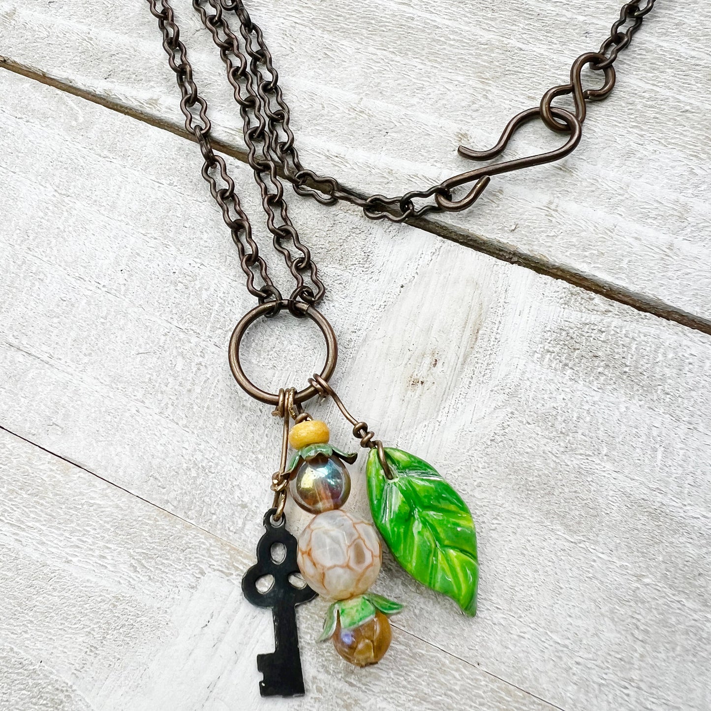 Golden Fairy Lantern Trinket Necklace: Hand-sculpted Polymer Clay Glazed Charm + Beaded Charms + 20" Chain