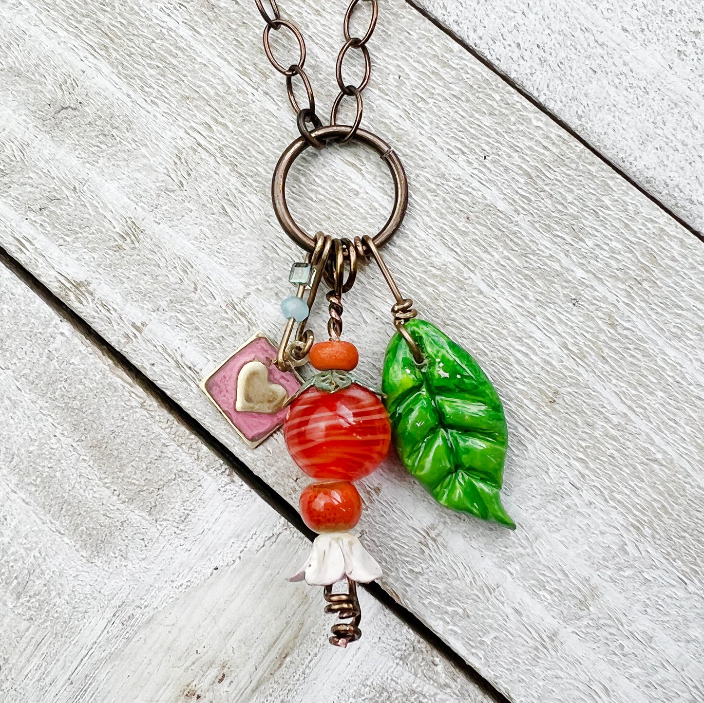 Clementine Fairy Lantern Trinket Necklace: Hand-sculpted Polymer Clay Glazed Charm + Beaded Charms + 22" Chain