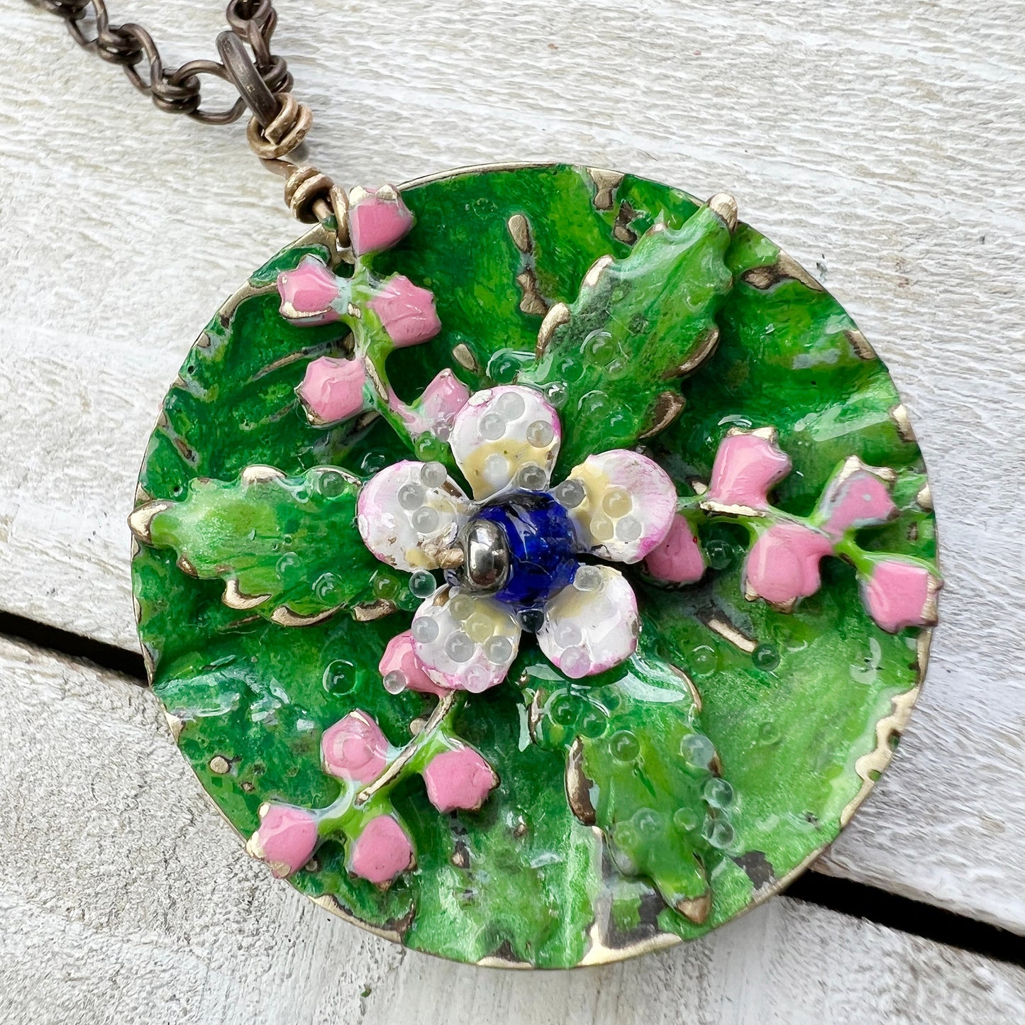 Pink Water Lilies Necklace: Hand-painted Glazed Embossed Domed Metal Charm + 19" Chain