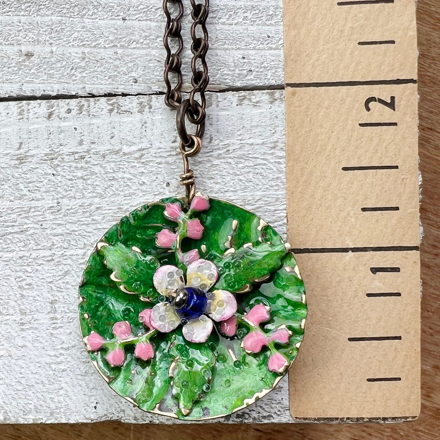 Pink Water Lilies Necklace: Hand-painted Glazed Embossed Domed Metal Charm + 19" Chain