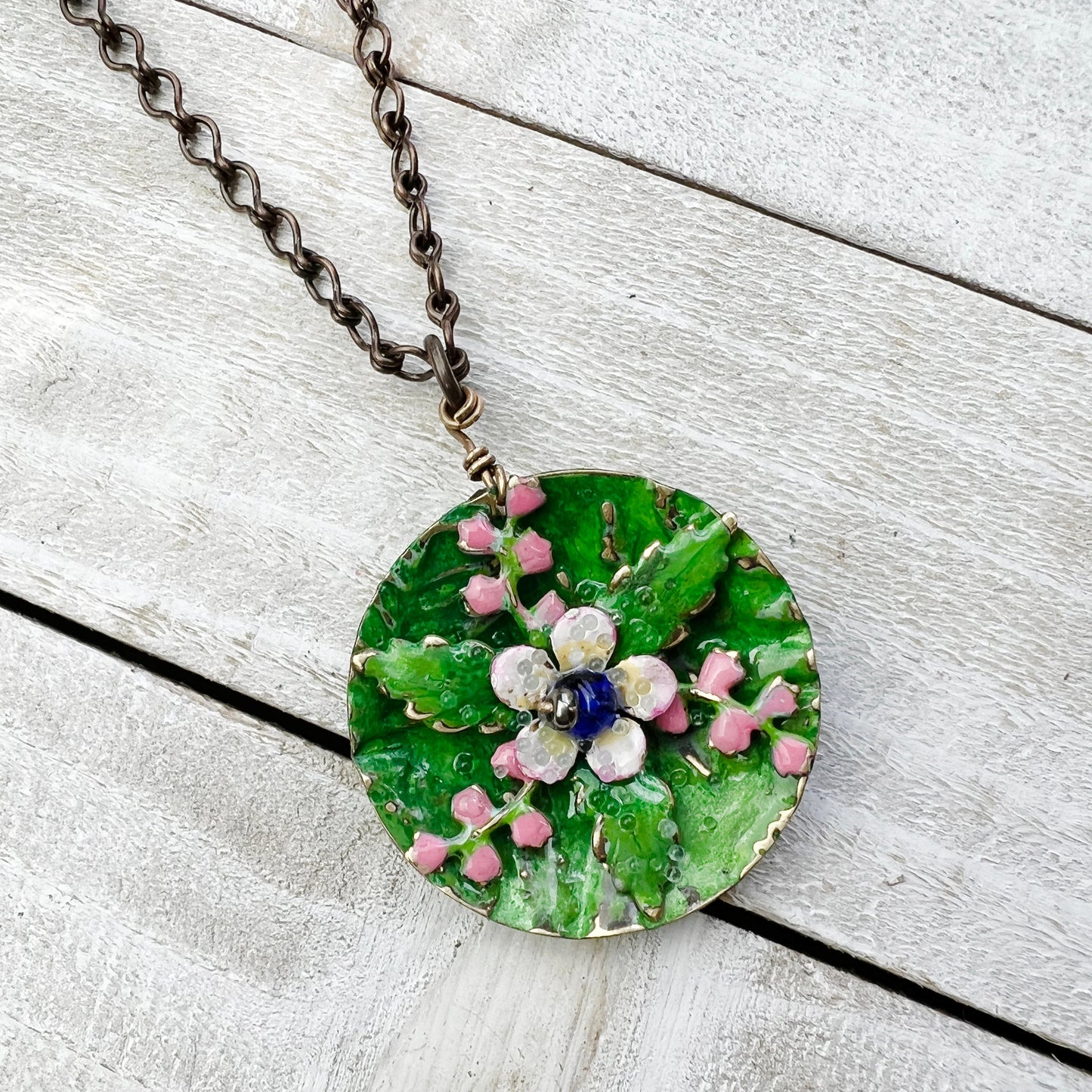 Pink Water Lilies Necklace: Hand-painted Glazed Embossed Domed Metal Charm + 19" Chain