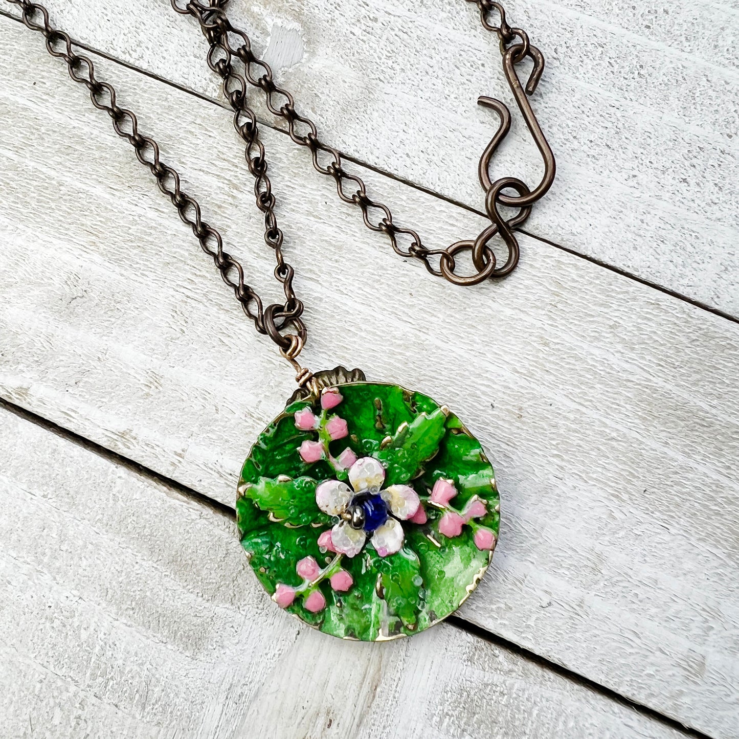 Pink Water Lilies Necklace: Hand-painted Glazed Embossed Domed Metal Charm + 19" Chain