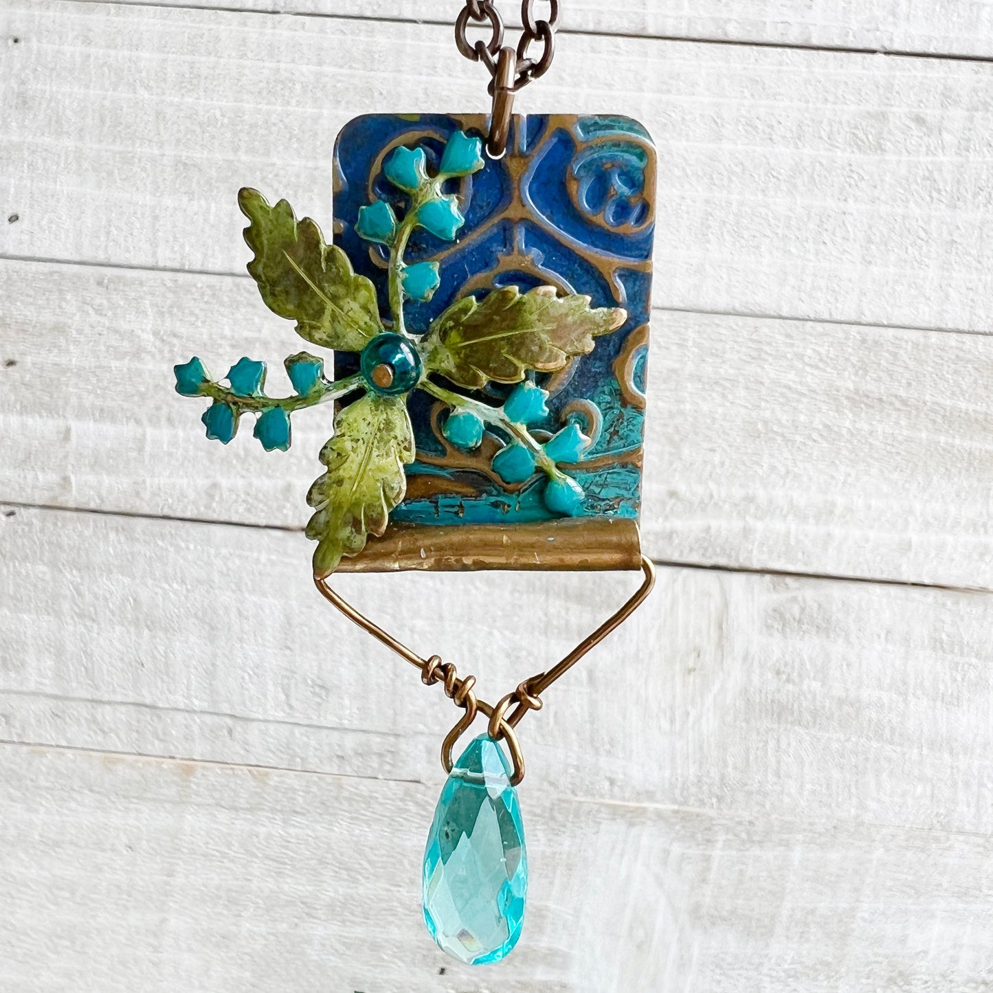 Bluebell Daydream Necklace: Hand-painted Glazed Embossed Domed Metal Charm + 18" Chain