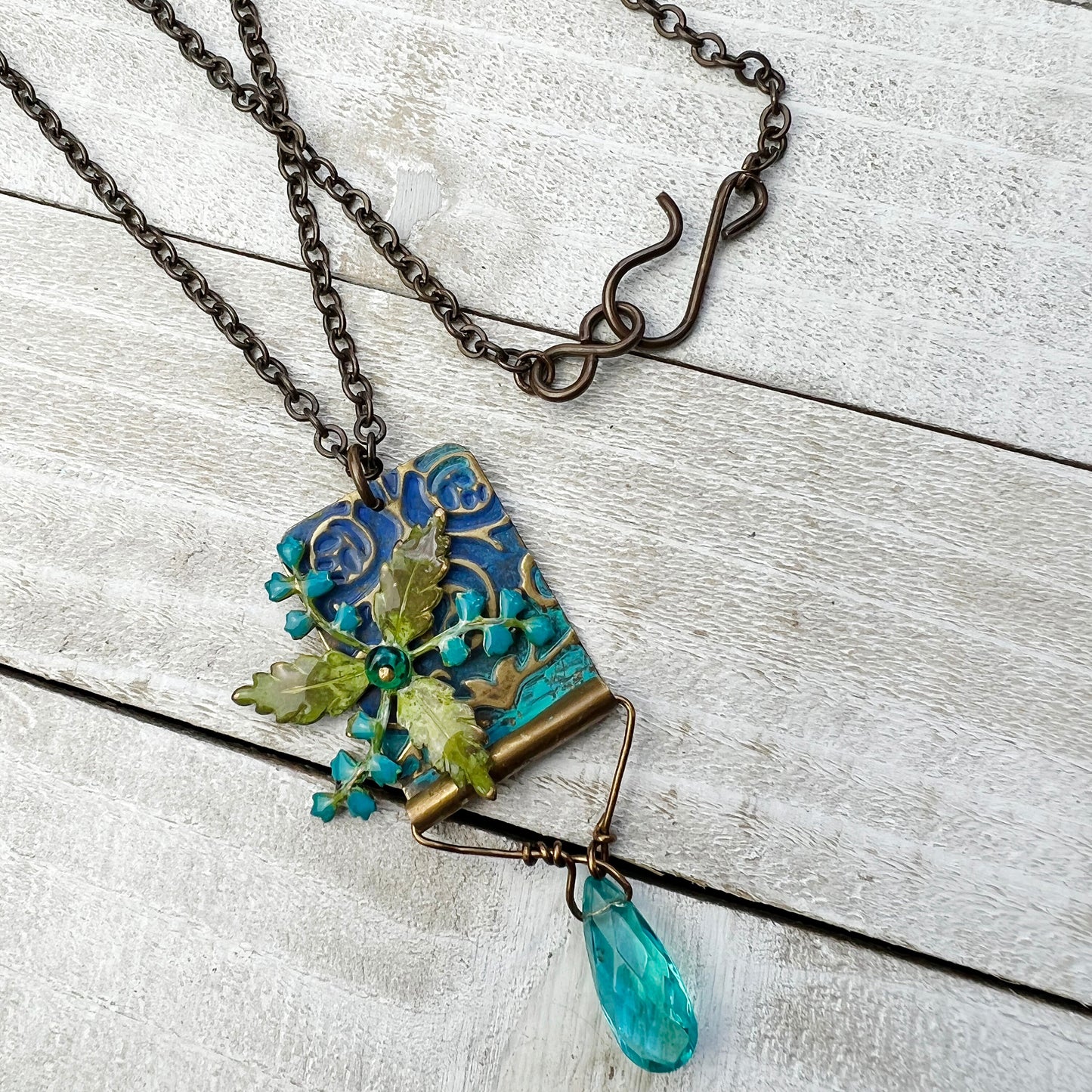 Bluebell Daydream Necklace: Hand-painted Glazed Embossed Domed Metal Charm + 18" Chain