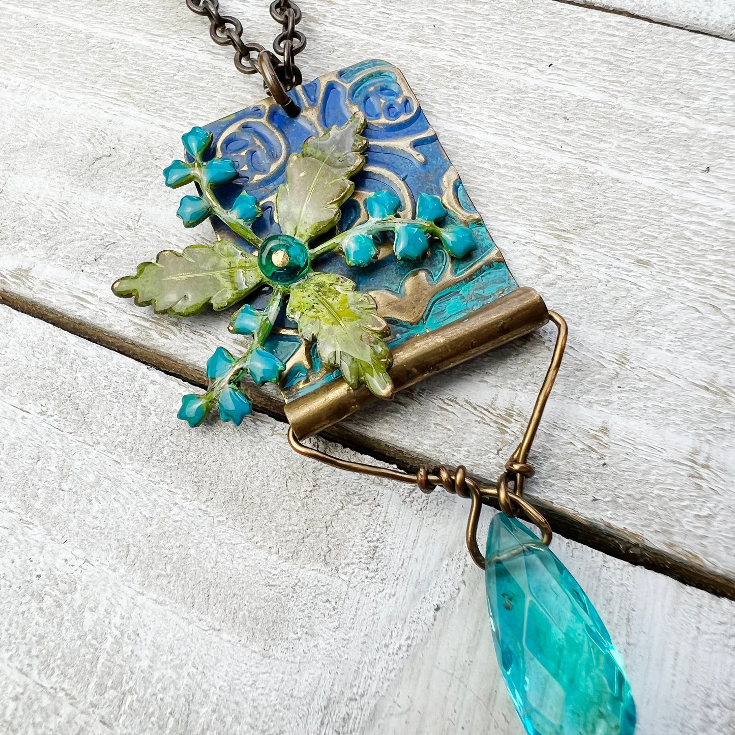 Bluebell Daydream Necklace: Hand-painted Glazed Embossed Domed Metal Charm + 18" Chain