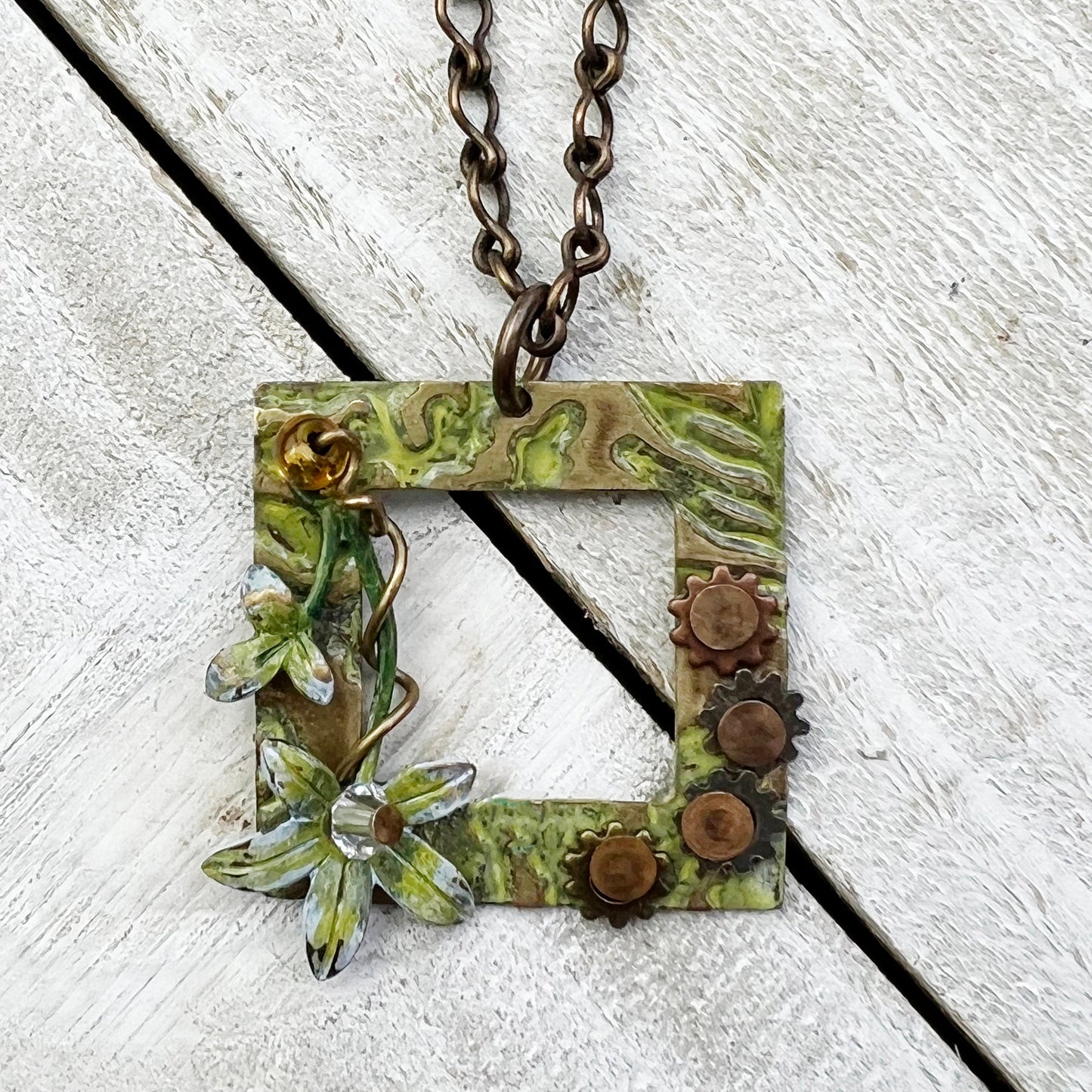 Grace & Gears Necklace: Hand-painted Embossed Metal Charm + 20" Chain