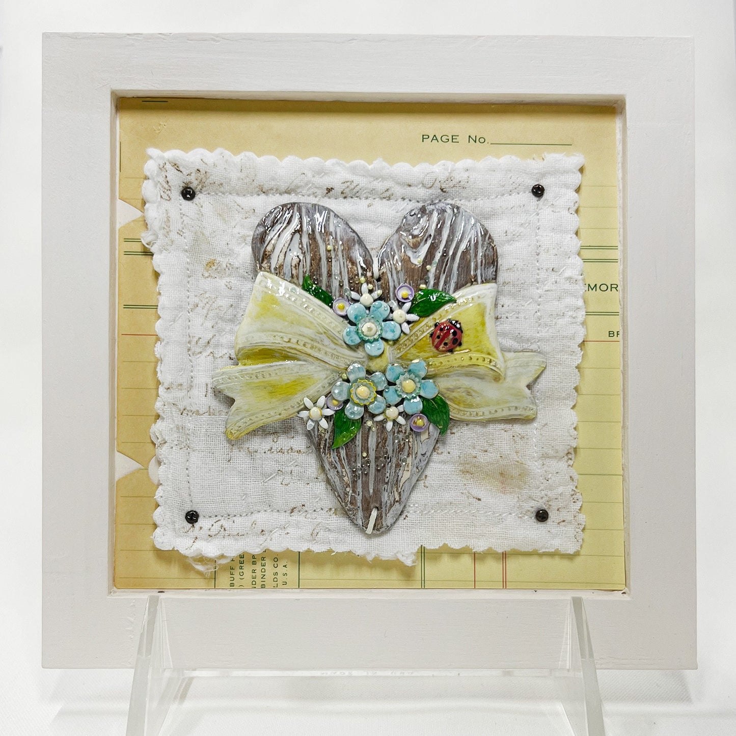 Handmade Heartfelt Sampler 4: framed hand sculpted heart with hand-painted enameled flowers by artist Tammy Tutterow