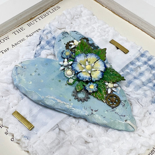 Handmade Heartfelt Sampler 5: framed hand sculpted heart with hand-painted enameled flowers by artist Tammy Tutterow