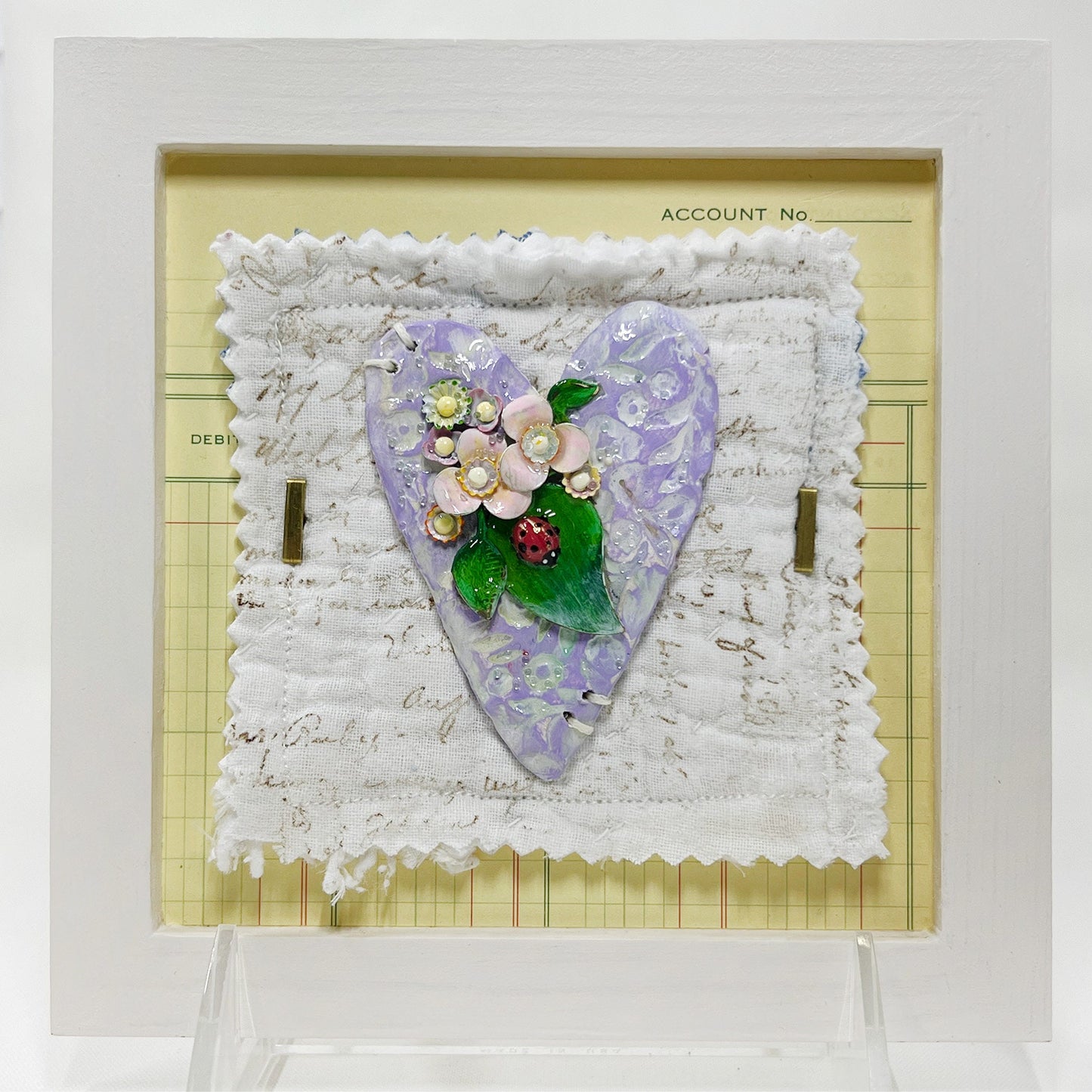 Handmade Heartfelt Sampler 8: framed hand sculpted heart with hand-painted enameled flowers by artist Tammy Tutterow