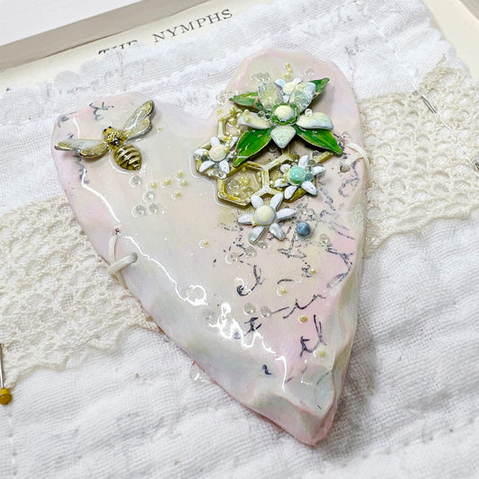 Handmade Heartfelt Sampler 16: framed hand sculpted heart with hand-painted enameled flowers by artist Tammy Tutterow