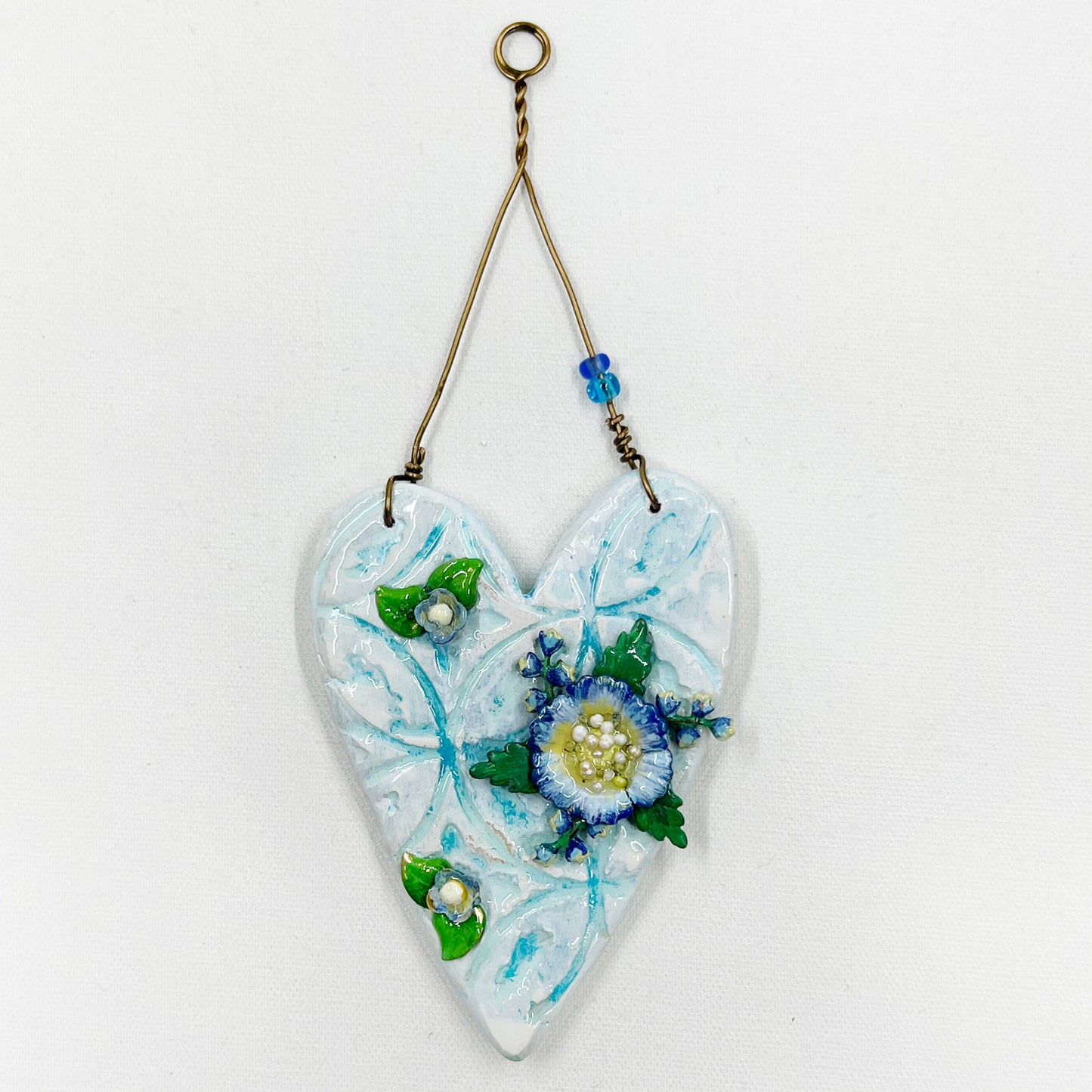 Handmade Heartfelt Ornament 2: hand sculpted heart with mixed media hand-painted enameled flowers by artist Tammy Tutterow