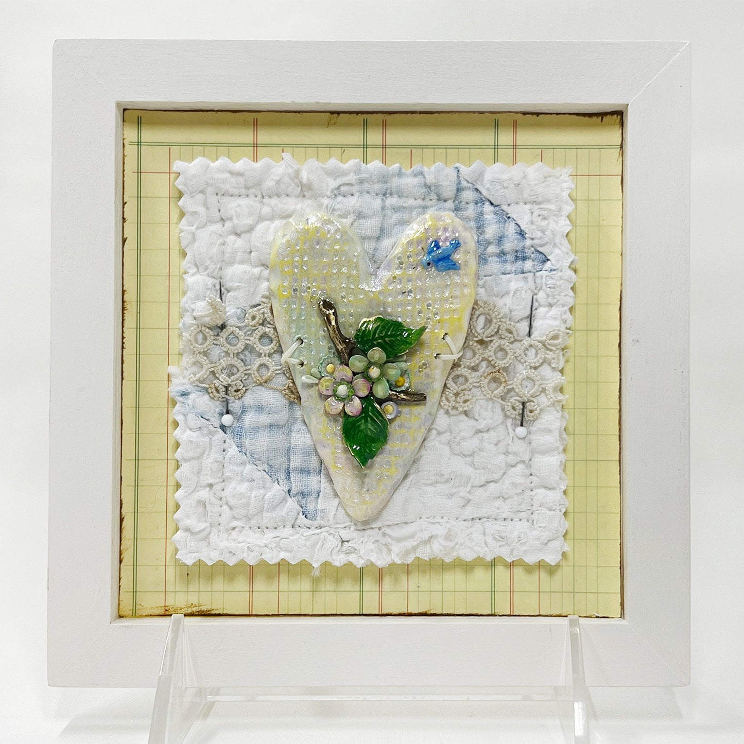 Handmade Heartfelt Sampler 6: framed hand sculpted heart with hand-painted enameled flowers by artist Tammy Tutterow