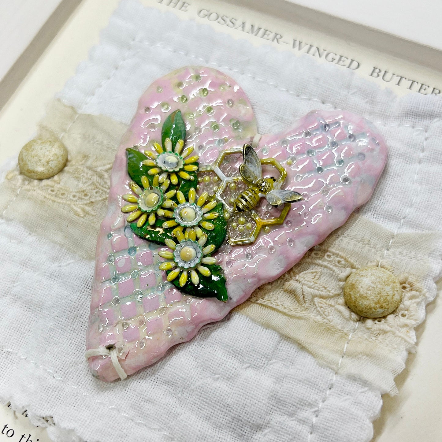 Handmade Heartfelt Sampler 7: framed hand sculpted heart with hand-painted enameled flowers by artist Tammy Tutterow