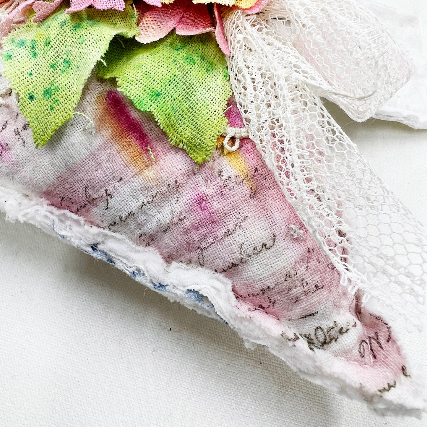 Handmade Heartfelt Love Notes Vintage Heart Bowl Filler #2: mixed media fabric art with handmade flowers by artist Tammy Tutterow