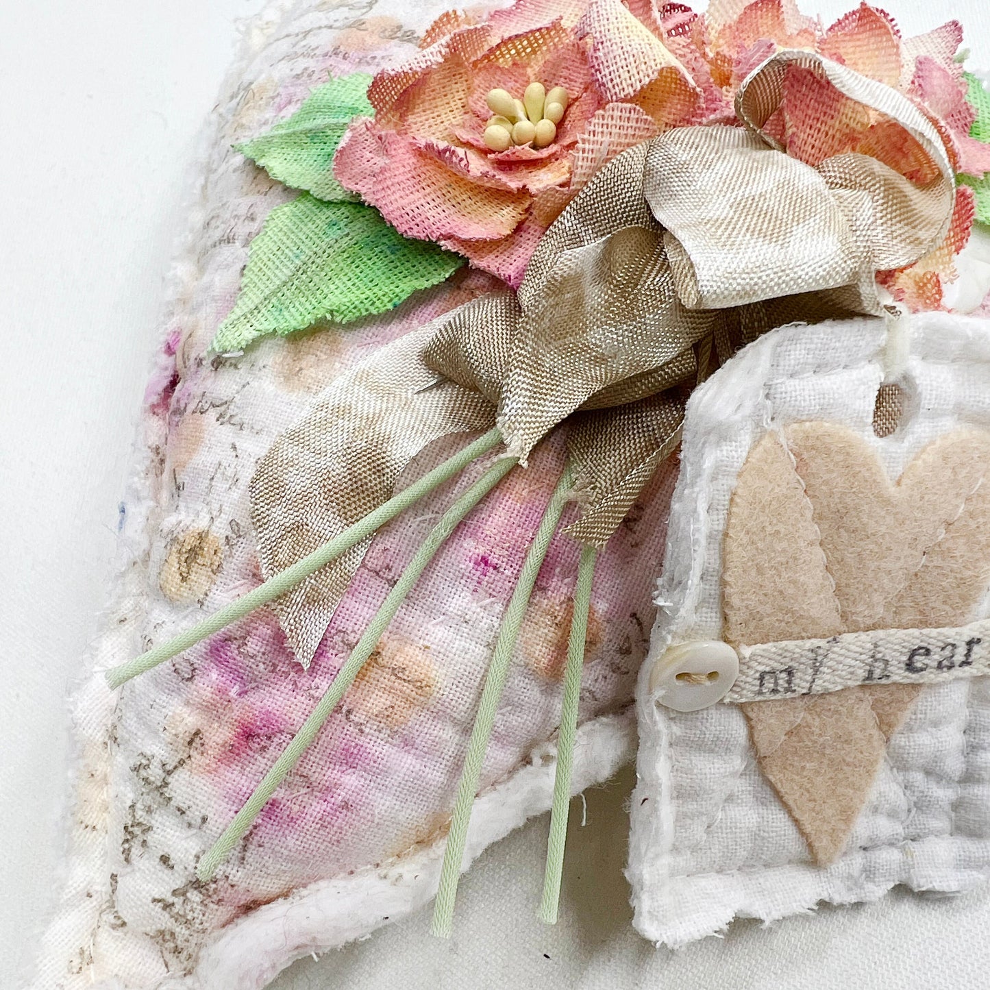 Handmade Heartfelt Love Notes Vintage Heart Bowl Filler #3: mixed media fabric art with handmade flowers by artist Tammy Tutterow