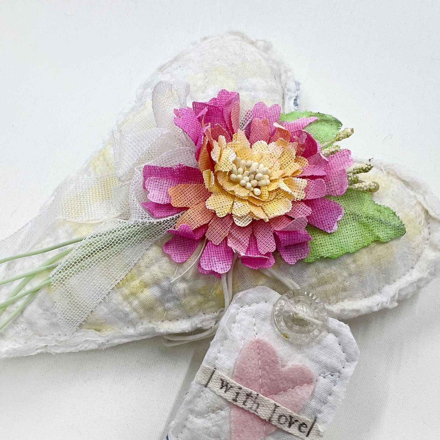 Handmade Heartfelt Love Notes Vintage Heart Bowl Filler #6: mixed media fabric art with handmade flowers by artist Tammy Tutterow