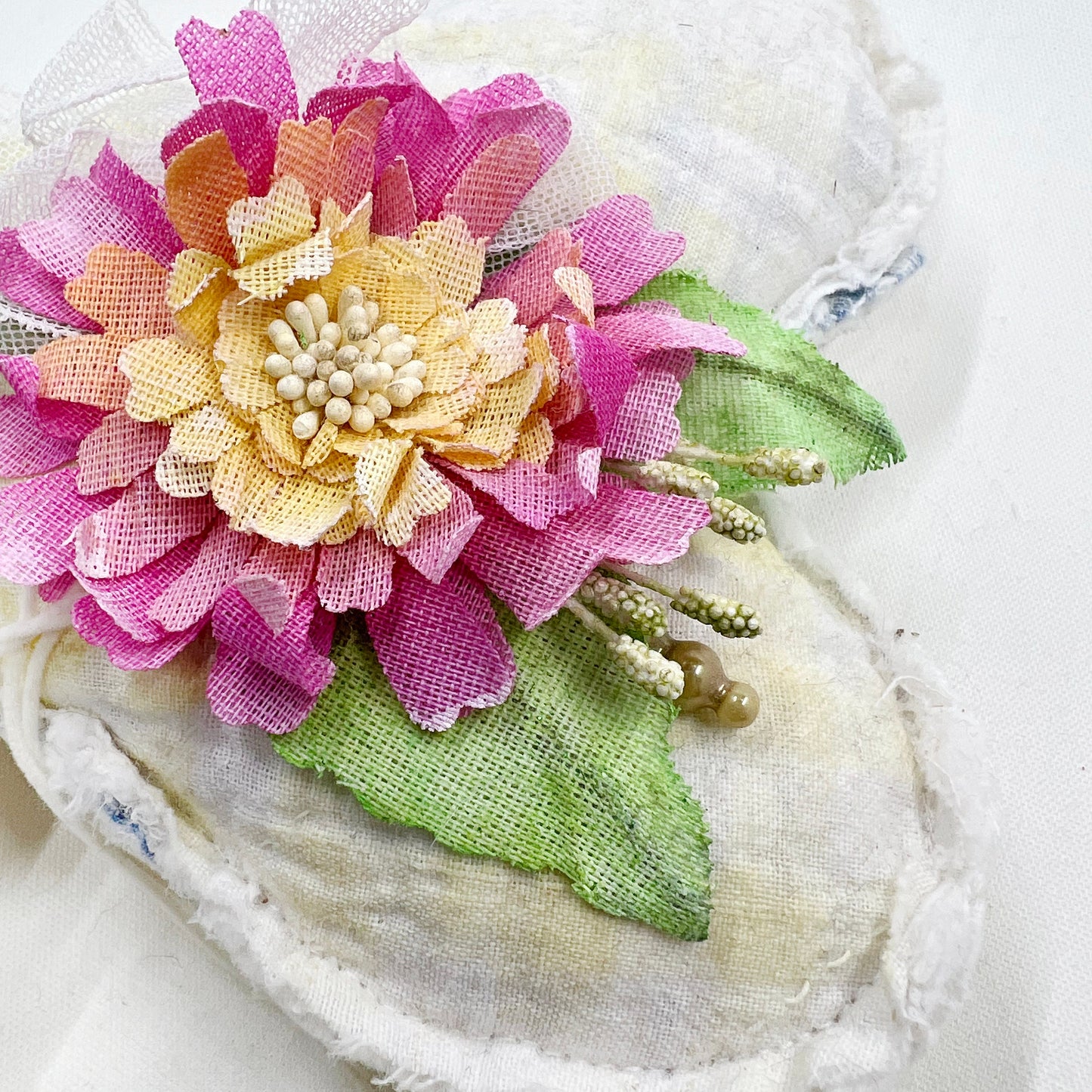 Handmade Heartfelt Love Notes Vintage Heart Bowl Filler #6: mixed media fabric art with handmade flowers by artist Tammy Tutterow