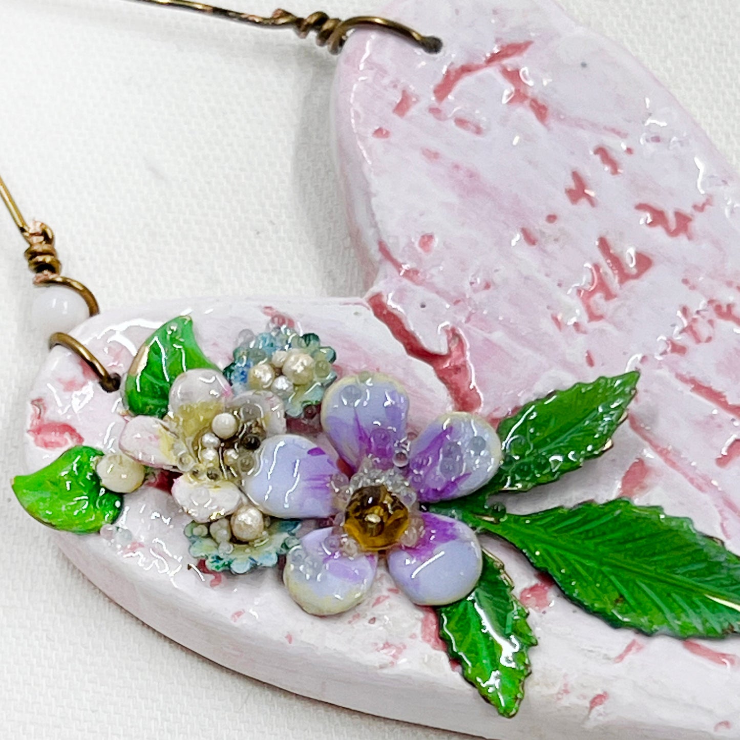 Handmade Heartfelt Ornament 3: hand sculpted heart with mixed media hand-painted enameled flowers by artist Tammy Tutterow