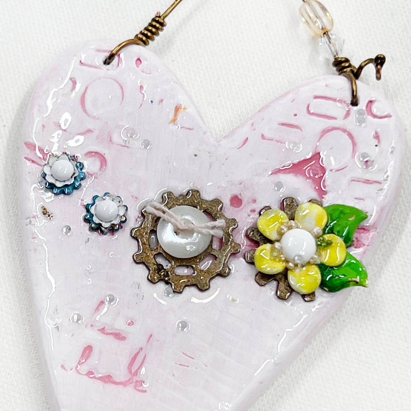 Handmade Heartfelt Ornament 4: hand sculpted heart with mixed media hand-painted enameled flowers by artist Tammy Tutterow