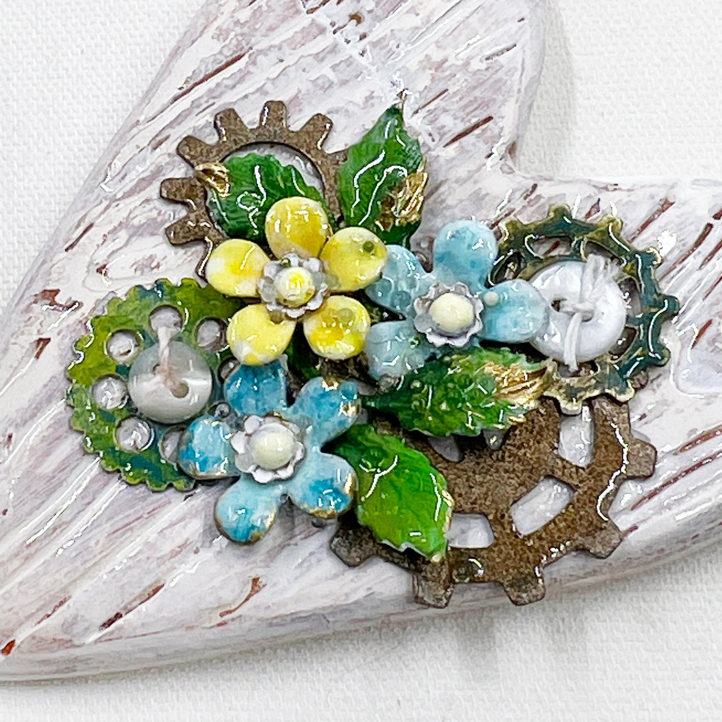 Handmade Heartfelt Ornament 8: hand sculpted heart with mixed media hand-painted enameled flowers by artist Tammy Tutterow