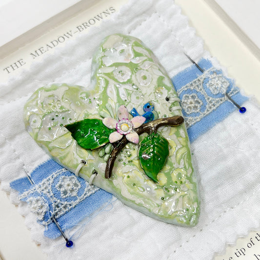 Handmade Heartfelt Sampler 14: framed hand sculpted heart with hand-painted enameled flowers by artist Tammy Tutterow