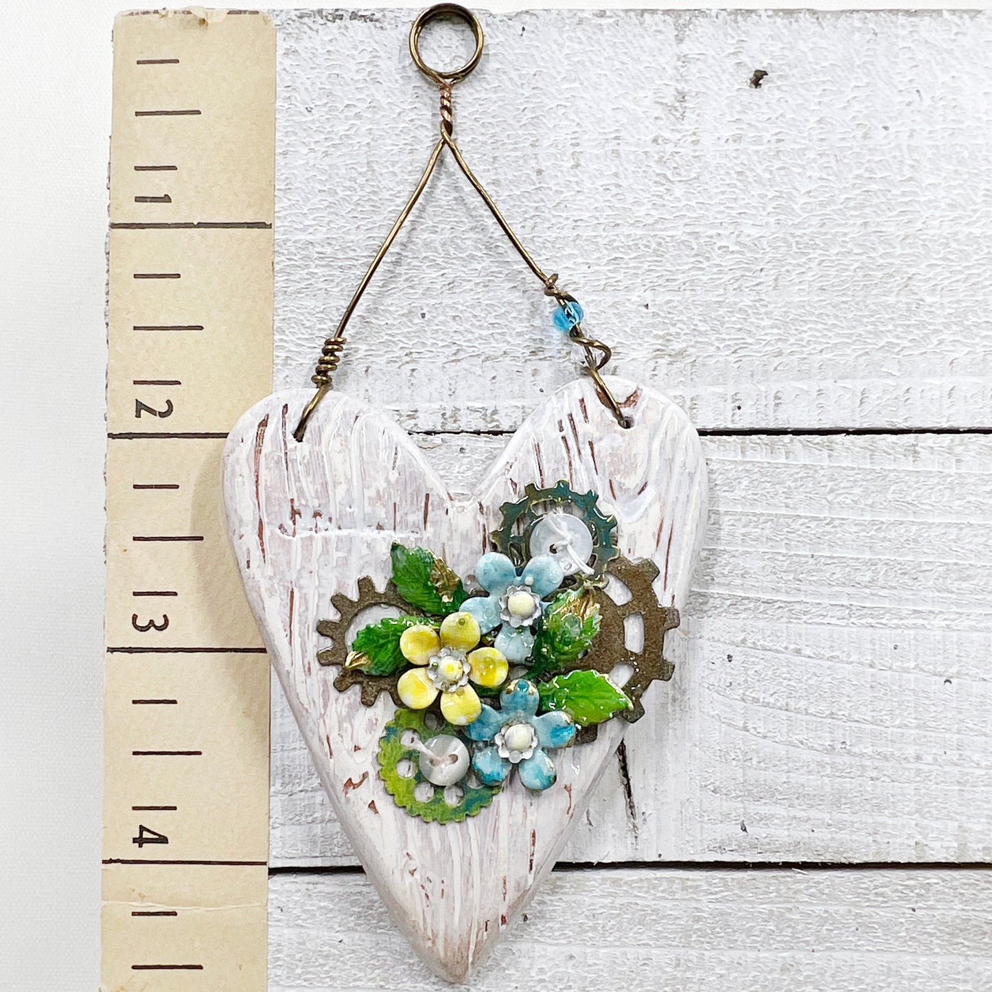 Handmade Heartfelt Ornament 8: hand sculpted heart with mixed media hand-painted enameled flowers by artist Tammy Tutterow