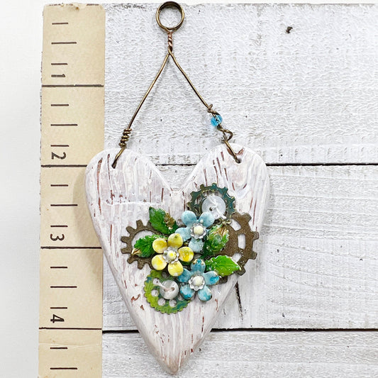 Handmade Heartfelt Ornament 8: hand sculpted heart with mixed media hand-painted enameled flowers by artist Tammy Tutterow