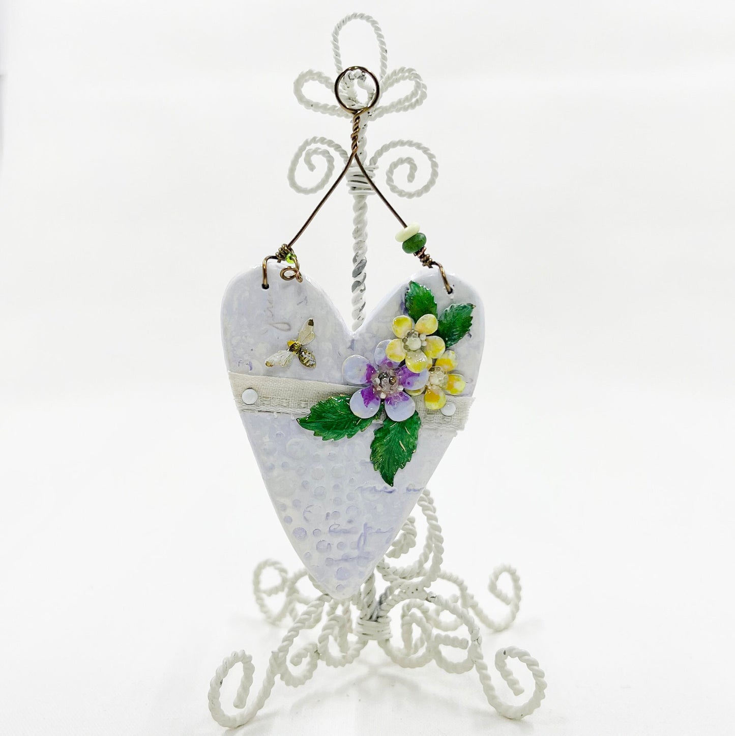 Handmade Heartfelt Ornament 9: hand sculpted heart with mixed media hand-painted enameled flowers by artist Tammy Tutterow