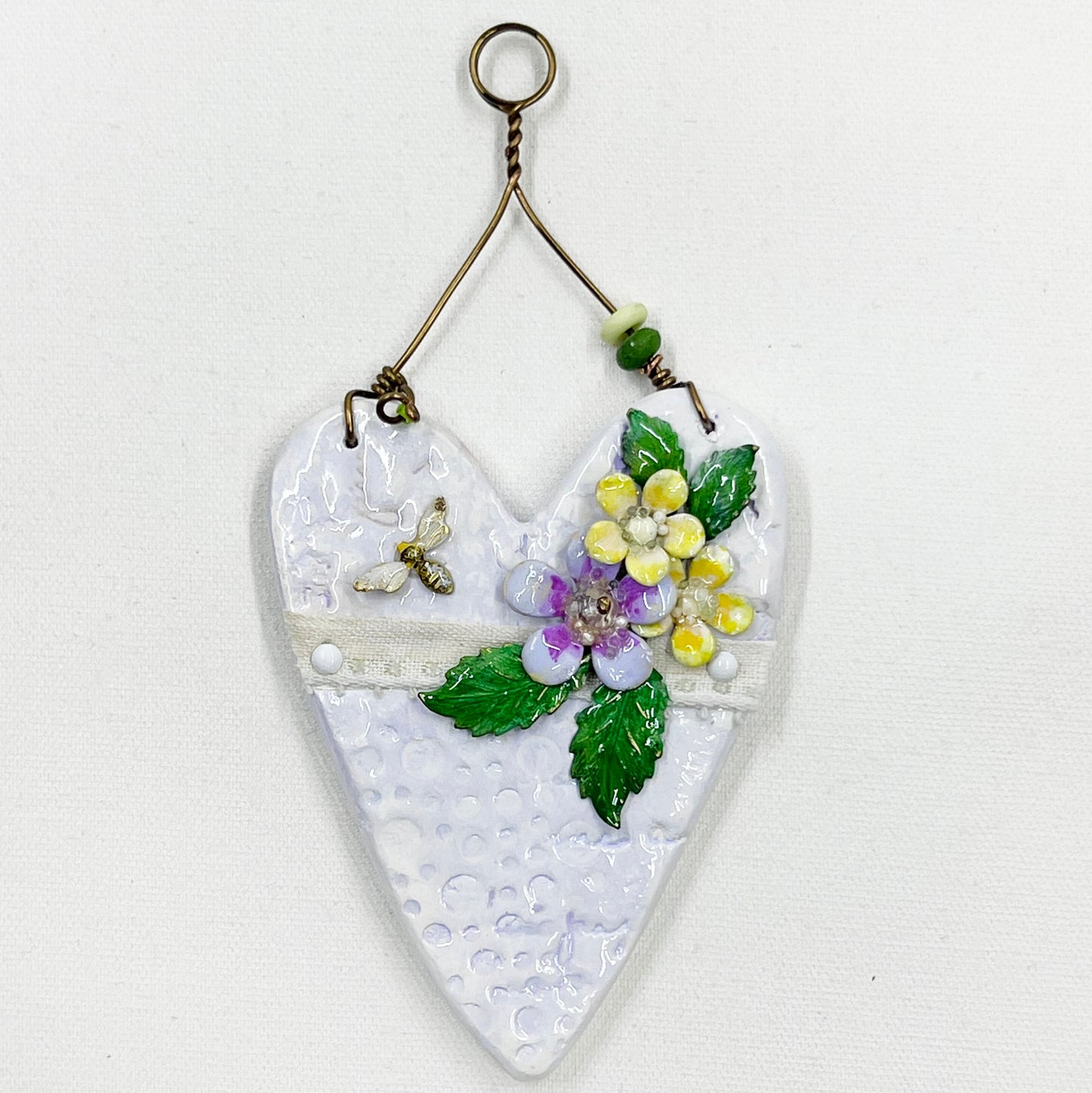 Handmade Heartfelt Ornament 9: hand sculpted heart with mixed media hand-painted enameled flowers by artist Tammy Tutterow