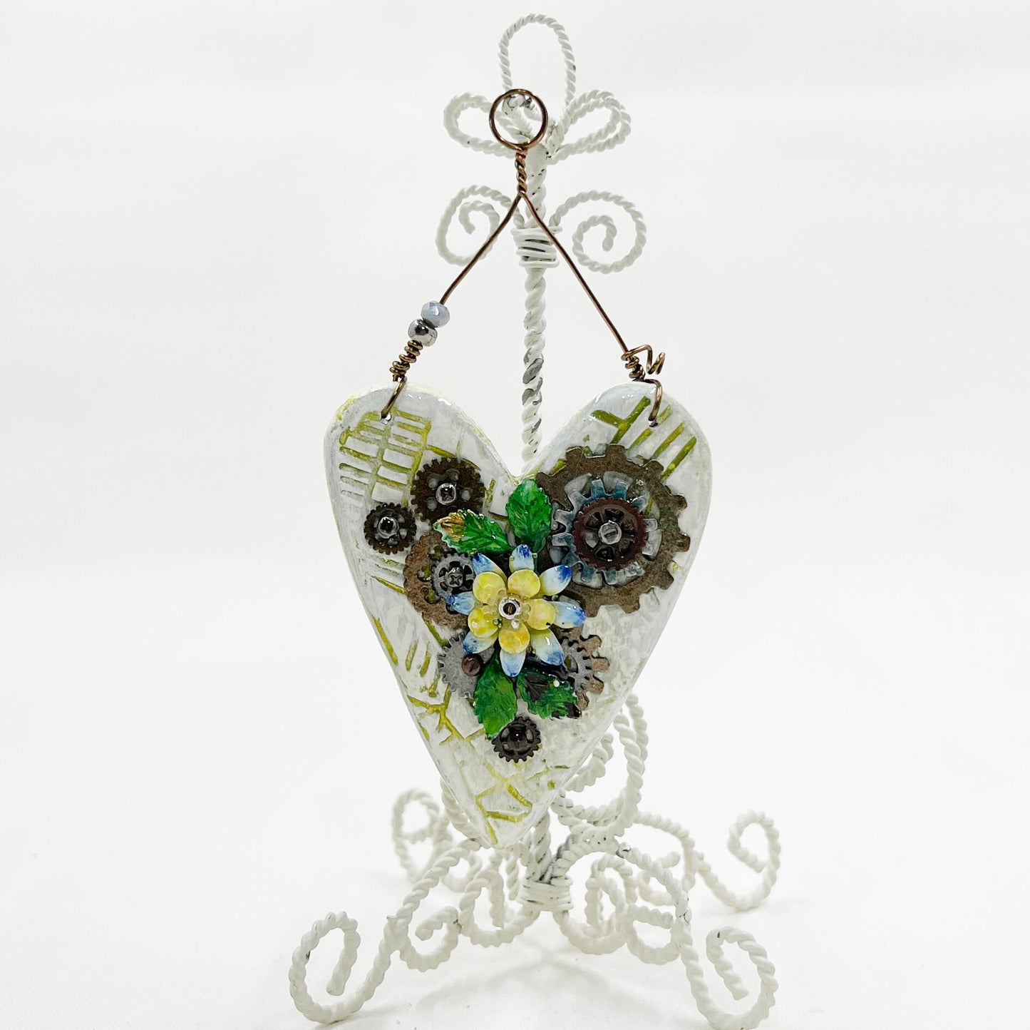 Handmade Heartfelt Ornament 10: hand sculpted heart with mixed media hand-painted enameled flowers by artist Tammy Tutterow