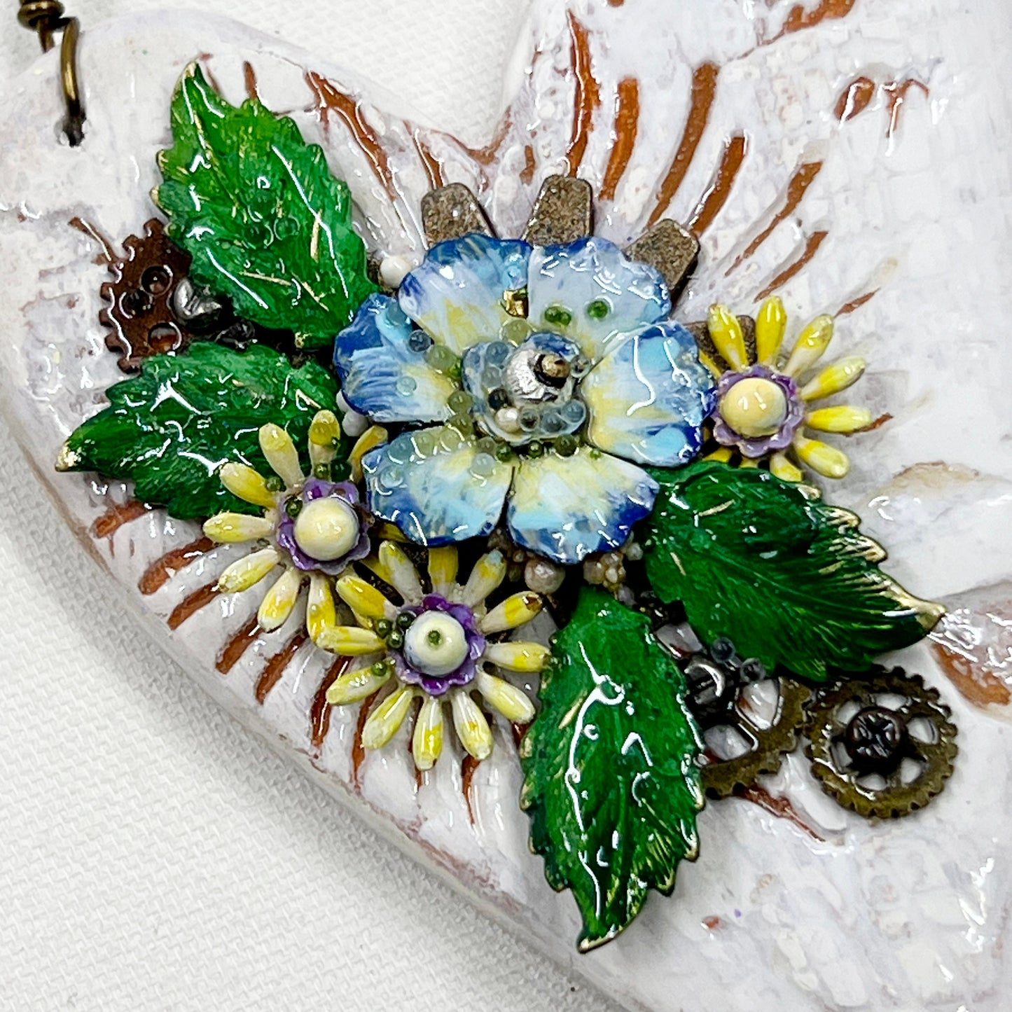 Handmade Heartfelt Ornament 15: hand sculpted heart with mixed media hand-painted enameled flowers by artist Tammy Tutterow