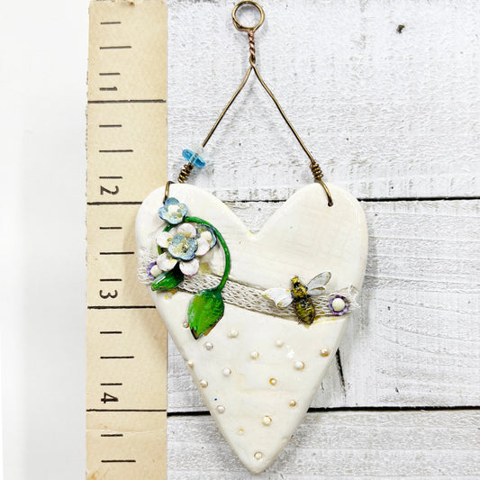 Handmade Heartfelt Ornament 14: hand sculpted heart with mixed media hand-painted enameled flowers by artist Tammy Tutterow