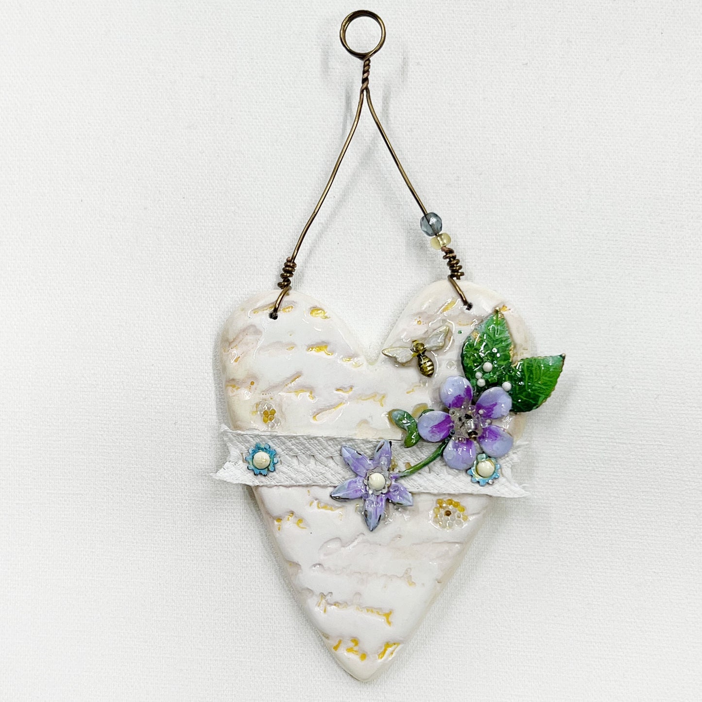 Handmade Heartfelt Ornament 16: hand sculpted heart with mixed media hand-painted enameled flowers by artist Tammy Tutterow