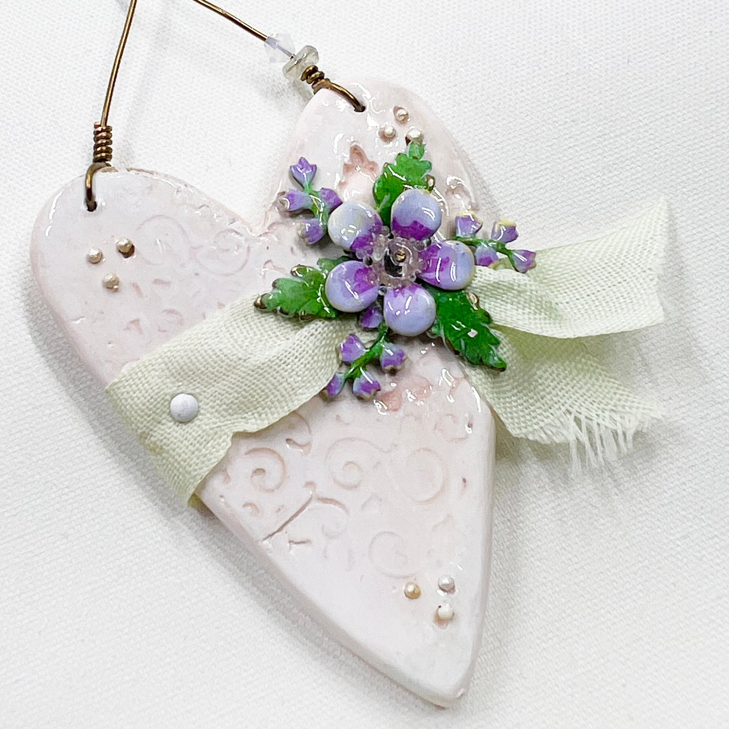 Handmade Heartfelt Ornament 17: hand sculpted heart with mixed media hand-painted enameled flowers by artist Tammy Tutterow