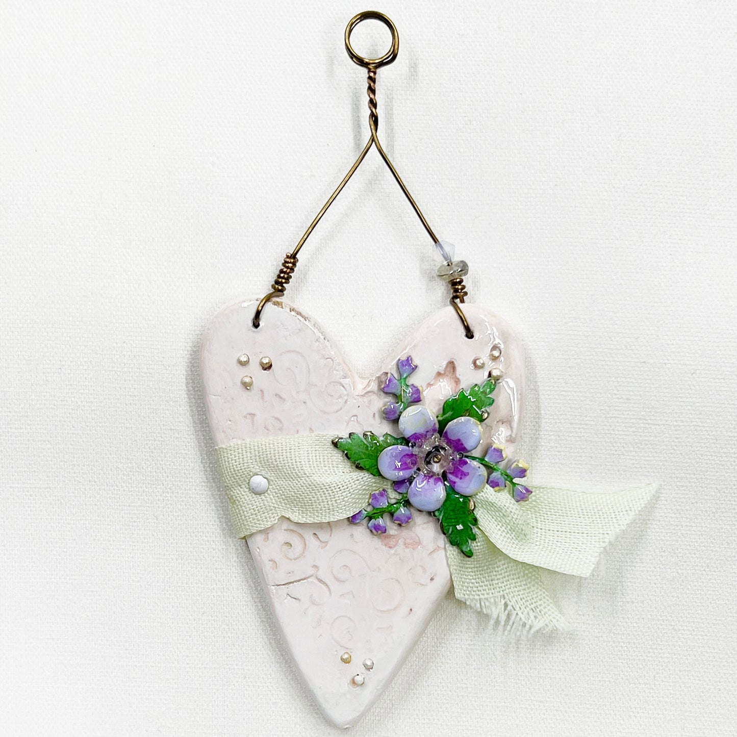 Handmade Heartfelt Ornament 17: hand sculpted heart with mixed media hand-painted enameled flowers by artist Tammy Tutterow