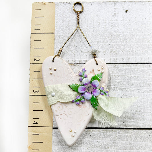 Handmade Heartfelt Ornament 17: hand sculpted heart with mixed media hand-painted enameled flowers by artist Tammy Tutterow