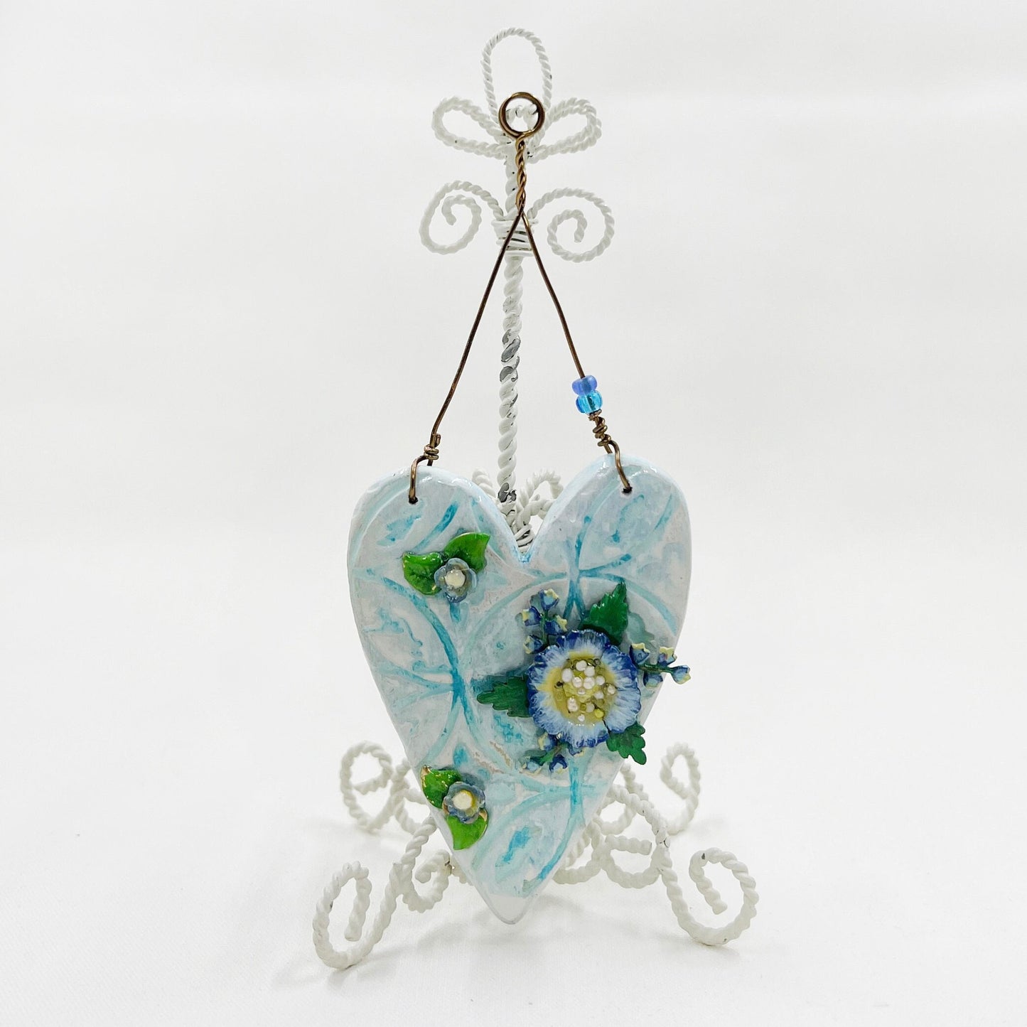 Handmade Heartfelt Ornament 2: hand sculpted heart with mixed media hand-painted enameled flowers by artist Tammy Tutterow